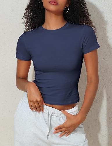 PrettyGuide Women's Cotton Crop Tops Short Sleeve Crewneck Basic Tee Tight Fit Y2K Baby Tee Cute Casual Summer Going Out Tops thumbnail 2