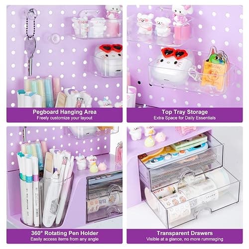 Comix Desk Organizer with 2 Drawer, Purple 360 Rotating Pen Holder for Desk | Desk Organizers and Accessories with 5 Slots Pencil Holder+Pegboard+Drawer, Pen Organizer for Home School Art Office Supplies thumbnail 5