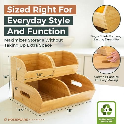 Potato and Onion Storage Bin for Pantry and Kitchen Counter - Ventilated Stackable Bamboo Organizer Baskets with Handles - Multipurpose Organization Containers for Fruit, Vegetable, Pantry - 3 Pack thumbnail 3