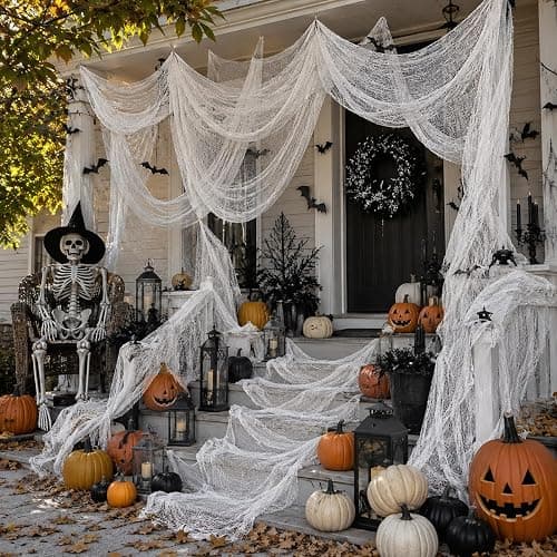 5 Pcs White Halloween Gauze Creepy Cloth Fabric Tapestry Decor Decorations | 72 x 30 inch White Halloween Decor, Indoor Outdoor Halloween Spooky Decorations for Home Wall Table Yard Haunted House Party thumbnail 4