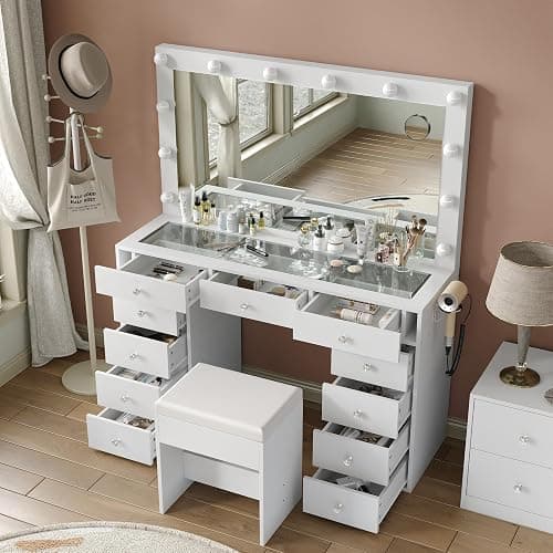 11 Drawers Vanity Desk with Power Outlet, Makeup Vanity with Mirror and 12 LED Lights, 3 Lighting Modes, Vanity Set, Glass Top, Dressing Table for Bedroom,Dressing Room, White thumbnail 4
