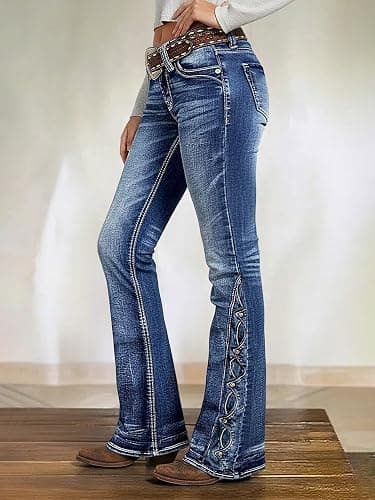 Flamingals Women's Buttoned Hem Bootcut Jeans Without Belt Mid Waist Casual Pants Navy Blue thumbnail 2
