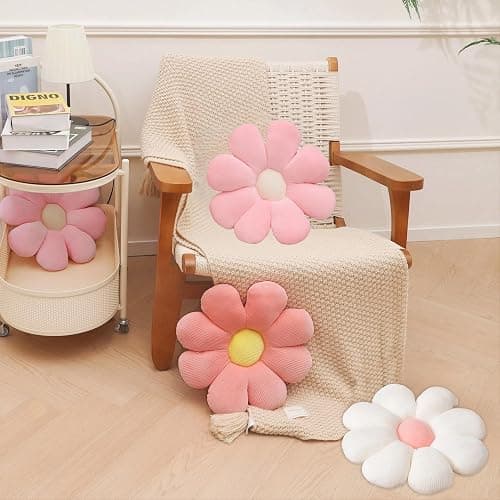 2 Pcs Preppy Pillow Flower Throw Pillows for Girls Aesthetic Room Decor Bedding, 15.35" Cute Pink Daisy Flower Shaped Decorative Throw Pillows for Bedroom Bed Couch Classroom (White+Pink, 15.35 Inch) thumbnail 4