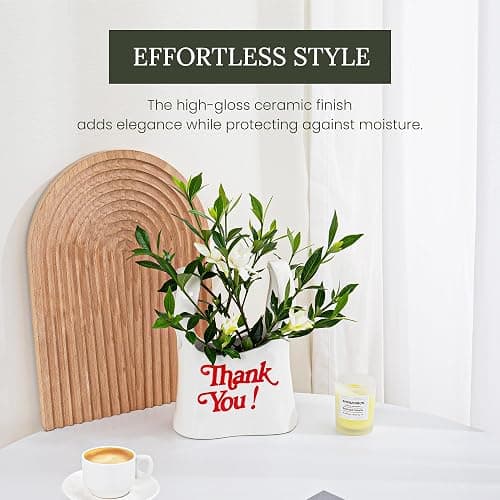 Handmade Ceramic Bag Flower Vase with Red “Thank You” Print | Glossy White Purse Vase for Modern Home Decor, Mantel, Kitchen, Living Room, Table Centerpiece thumbnail 6