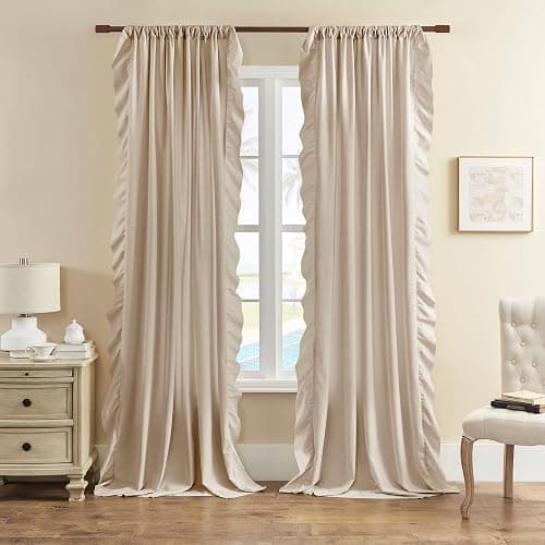 Beige Ruffle Curtains 84 Inches Long 2 Panels Suede Fabric Light Tan Farmhouse Curtains for Living Room Bedroom Rod Pocket Light Filtering Shabby Chic Window Curtains for Girls Nursery Room, 52x84 thumbnail 3