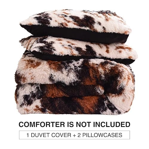 Aimuan Cow Print Duvet Cover Shaggy Fluffy Tie Dye Brown Black Velvet Bedding Cover Set Super Soft Faux Fur Fuzzy Comforter Cover with Pillowcases (Coffee-Black, Queen) thumbnail 6