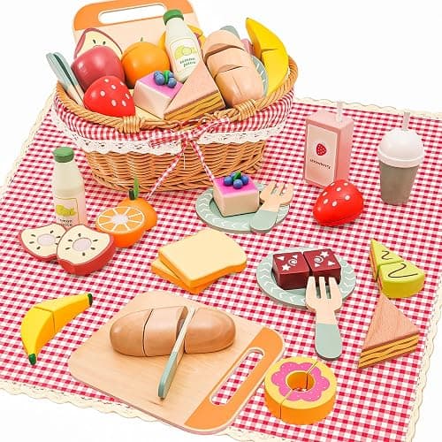 HAPGFS Wooden Picnic Basket Toy Set with Realistic Play Food - Kids Pretend Play Kitchen Accessories for Toddlers 3-8, Wood Play Food for Imaginative Tea Party & Outdoor Fun - Image 1