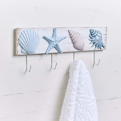 TideAndTales Beach Decor Seashell Wall Hooks Towel Rack for Bathroom, Bedroom or Kitchen | 4 Strong Hooks | Ocean Theme Beach House Decor thumbnail 9