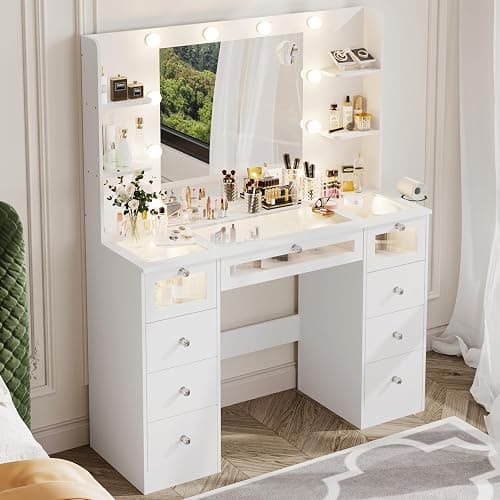VQRhome White Vanity with Lighted 23.5” Mirror, Glass Top Vanity Desk with 9 Drawers & 3 Color Hollywood Bulbs & 4 Shelves & Acrylic & Power Outlet, Makeup Desk Dressing Table for Bedroom thumbnail 8
