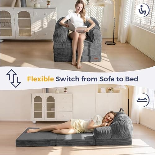 MAXYOYO Folding Sofa Bed with Backrest, Boneless Fold Out Couch Bed with Handle, 2 in 1 Convertible Bean Bag Chair to Floor Sofa Lounger, Comfy Folding Couch for Bedroom & Living Room, Dark Grey thumbnail 4