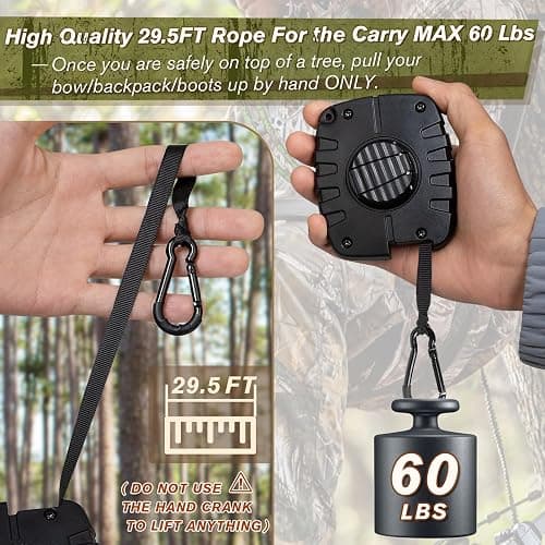 Tomaki Retractable Bow Hoist, 29.5FT Bow & Gear Hoist for Tree Stand, Bow Rope with Crank Handle for Easy Rope Rewinding, Premium Gear Rope, Must Have Accessories for Tree Stand Climbing Safety thumbnail 5