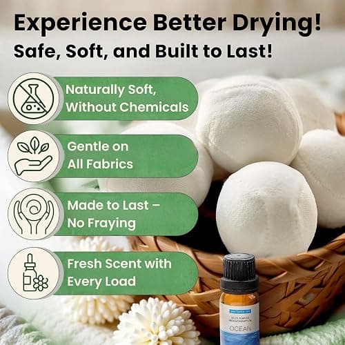 VIVASPHERE Wool Dryer Balls - Lint-Free - 6XL Pack - 1000+ Loads - Premium Natural Fabric Softener - Reduces Drying Time & Static - Includes Essential Oil - with Storage Bag thumbnail 6