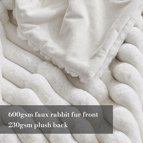 Amélie Home Faux Fur Throw Blanket for Couch, Cozy Fuzzy Fluffy Fur Luxurious Soft Striped Plush Gift Blankets for Family Sofa Chair Bedroom, 55"x70", Ivory thumbnail 3
