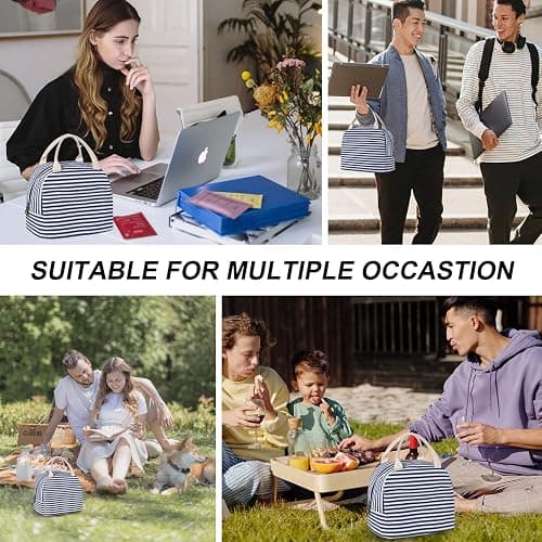 EurCross Blue and White Stripes Lunch Bag Women,Cooler Tote Bag Insulated Lunch Bento Box Bag, Canvas Portable Tote Thermal Bag for Adult Women and Men for Work thumbnail 6