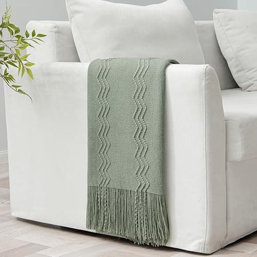 MIULEE Sage Knitted Throw Blanket for Couch Boho Green Textured Cozy Woven Decorative Farmhouse Blanket with Tassels for Sofa Chair Bed Living Room, Lightweight Spring Home Decor 50"x60" thumbnail 6