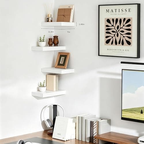 Mifurn Floating Shelves for Wall, Set of 4 Wooden Wall Mounted Shelves for Bathroom Over Toilet, Bedroom, Kitchen, Living Room & Office, Modern Hanging Storage and Wall Decor, White, 12"x7"x1.5" thumbnail 2