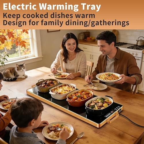Electric Warming Tray,XL 32"x12",Tempered Glass Warming Mat for Food,Black | Keep Food Warm,Gold Handles Food Warmers For Parties Buffet Daily Gatherings,Temperature Control,Thermostat,Full Surface Warm thumbnail 2