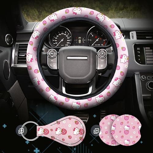 Kitty Accessories Car, Strawberry Pink Hello Cat Wheel Cover, Y2K Car Accessories, Girly Steering Wheel Cover, Universal Fit 14.5-15 inch Auto SUV Vans Trucks, Anti-Slip and Sweat Absorption - Pink - Image 1