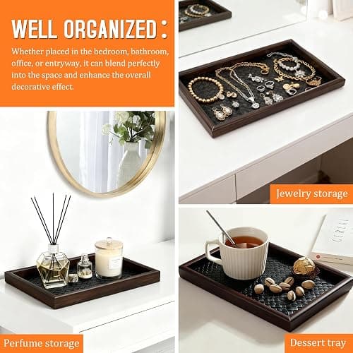 Wooden Valet Tray Desk Organizer with Leather Base,Nightstand, Entryway Bedside Dump Holder for Wallets, Keys, Watches, Jewelry & Sunglasses thumbnail 4