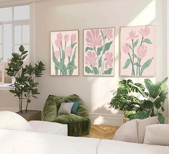 3 Pcs Pink Tulips Flowers Canvas Wall Art Boho Pink and Green Abstract Floral Botanical Paintings Pictures Wall Decor Poster Print Artwork for Living Room Bedroom Home Decoration Unframed thumbnail 6