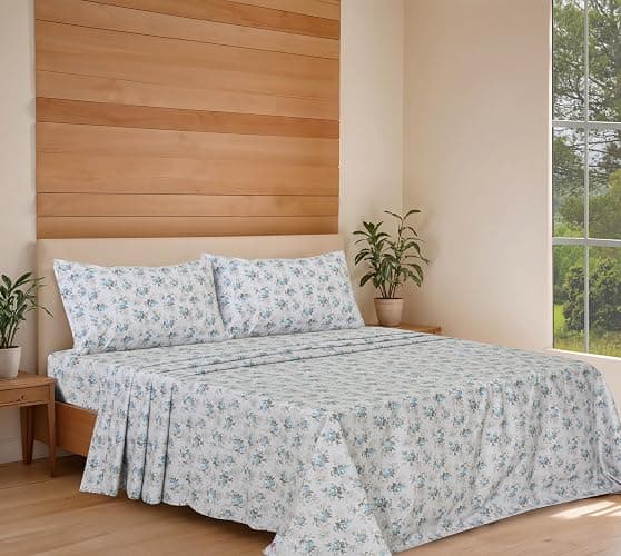 RUVANTI 100% Organic Cotton Sheets California King, Percale Weave, GOTS Certified, 4-Piece Set, Deep Pocket 13", Crisp & Breathable, Soft Durable Bedding, Sábanas Algodón Orgánico – Blue Rose thumbnail 2