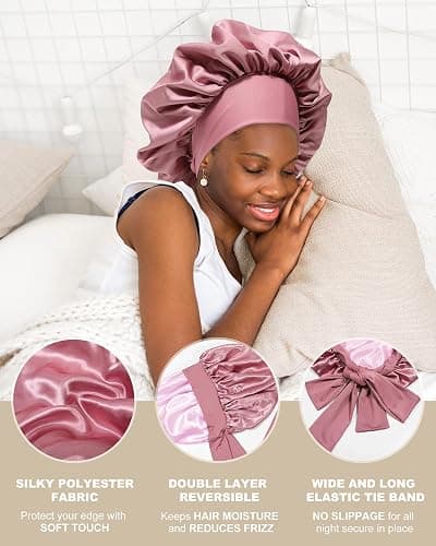Satin Bonnet for Women Silk Bonnets for Sleeping Curly Hair Bonnet with Elastic Tie Band Reversible Double Layer Sleep Cap Hair Wrap (Bean Paste + Pink) thumbnail 4