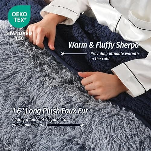 Wemore Shaggy Long Fur Faux Fur Weighted Blanket, Cozy and Plush Sherpa Long Hair Blanket for Adult 15lbs, Fluffy Fuzzy Sherpa Reverse Heavy Blanket for Bed, Couch, Backprint Navy Blue, 48 x 72 Inches thumbnail 5