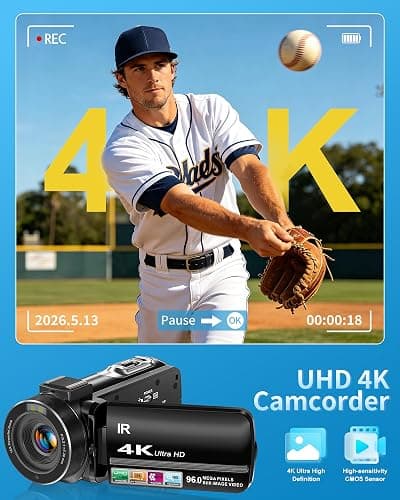 Aidzhi 4K Video Camera Camcorder 96MP UHD Vlogging Camera for YouTube 18X Digital Zoom 3.0 IPS 270° Rotation Touch Screen Video Recorder with Remote Control, Night Vision, 32GB Card, 2 Batteries thumbnail 3