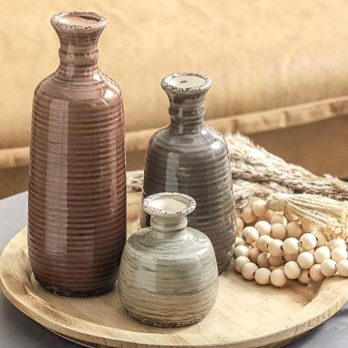 Ceramic Vases Set of 3, Neutral Rustic Farmhouse Vases Home Decor Decorative Flower Vase Modern Boho Pampass Vase for Table Mantel Entryway Shelf Living Room Kitchen Bathroom - Brown thumbnail 7