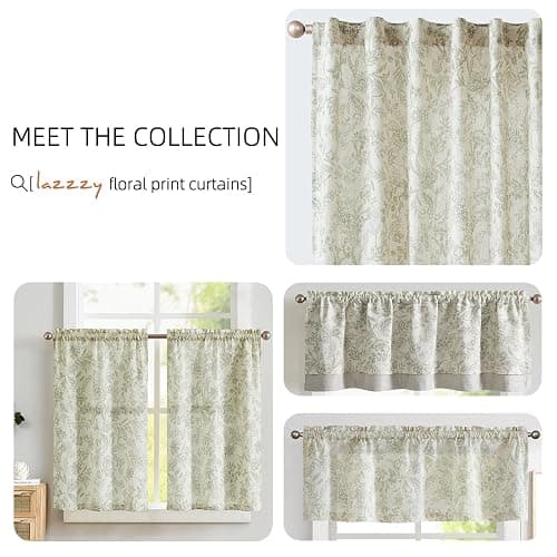 Lazzzy Linen Curtains Farmhouse Green Floral Print Curtains 84 Inches Long Back Tab Drapes for Living Room Bedroom Semi Sheer Patterned Country Vintage Curtains 2 Panels Set Rod Pocket Green on Beige thumbnail 8
