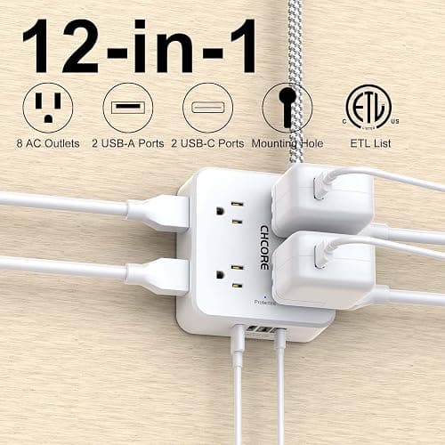 Surge Protector Power Strip - CHCORE 5Ft Braided Extension Cord with 8 Outlets with 4 USB (2 USB C) Charging Ports, Flat Plug Multi Plug Outlet Extender Charging Station for Home Office, ETL, White thumbnail 2