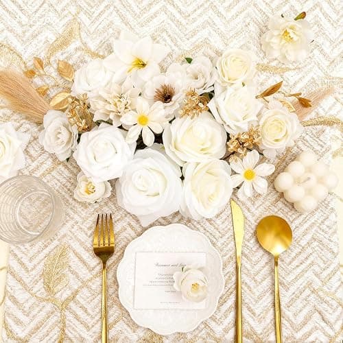 SwanMoon Artificial Flowers Combo Box Set, 33pcs Silk Roses & White Peony with Stems for DIY Wedding Bouquets, Baby Shower, Party Centerpieces & Home Decor thumbnail 8