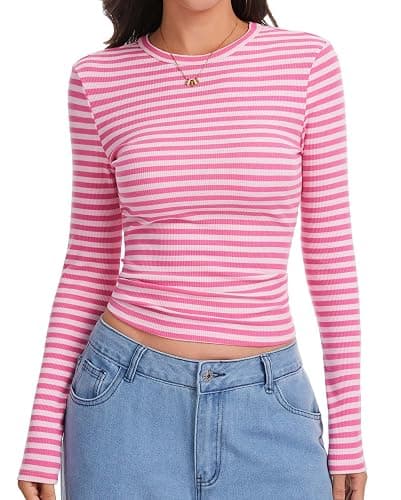 Eyanse Ribbed Long Sleeve Tops for Women,Stretch Striped Shirt Slim Fit Tee thumbnail 2