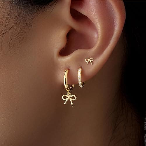 Valentine’s Day Heart Dangle Earrings 3 Pairs Set for Women, Gold Dainty Love Heart Seashell Starfish Cross Stud Hoop Earrings for Multiple Piercing Cartilage, 14K Plated Womens Valentine's Jewelry Gifts thumbnail 5