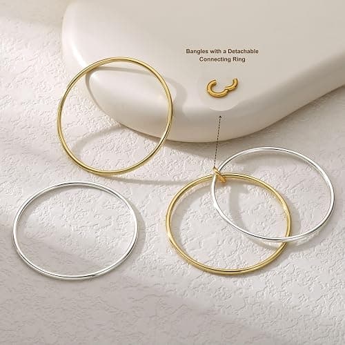 NOKMIT 2PCS 14K Gold Silver Tone Stackable Bangle Bracelets for Women, High Polished Thin Plain Stainless Steel Bangle with Detachable Connector Ring, Non-Tarnish Mixed Metal Jewelry thumbnail 2