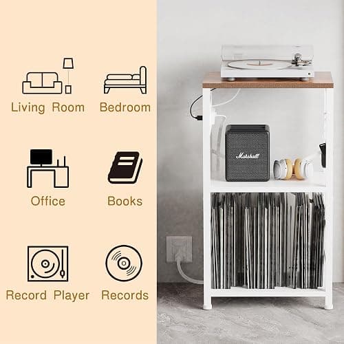YAKANJ End Table with LED Light,Record Player Stand with Charging Station,Vinyl Records Storage,Turntable Stand Albums Storage for Music Room Studio-Industry White thumbnail 7