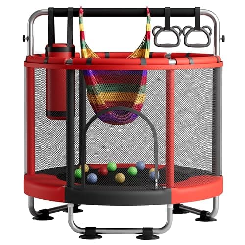 ZCMHAXJ 55" Trampoline for Kids with Enclosure, 440lbs Capacity Indoor & Outdoor Toddler Trampoline with Adjustable Gymnastics Bar & Toys, for Boys & Girls - Image 1