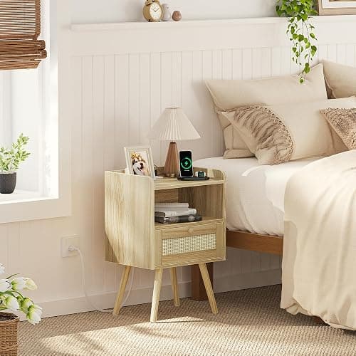 SUPERJARE Nightstands Set of 2, Night Stands with Charging Station & PE Rattan Decor Drawer, Bed Side Tables with Solid Wood Feet, End Table, for Bedroom, Living Room - Natural thumbnail 2