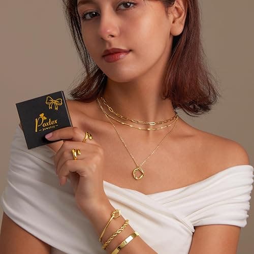 Poxtex Layered Gold Necklaces for Women,Stackable Dainty 14K Gold Silver Plated Trendy Circle Paperclip Chain Pendant Choker Necklace,Simpl Diamond Cross Bow Jewelry Set Gifts for Women thumbnail 8