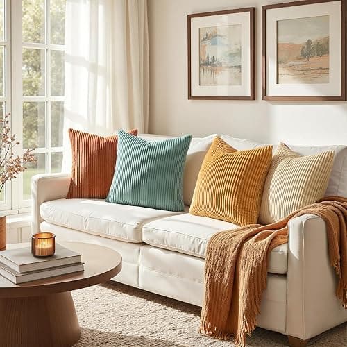 EMEMA Teal Orange Decorative Throw Pillow Covers for Couch Bed Livingroom 18x18 Inch Set of 4 Boho Farmhouse Corduroy Striped Square Pillow Case,Western Modern Cushion Covers Spring Home Decor thumbnail 2