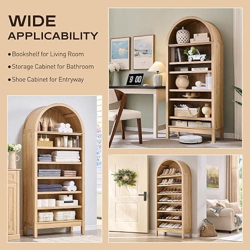 IFGET 71" Tall Arched Bookshelf, 7 Tiers Arch Bookcase with Storage, Modern Farmhouse Book Shelf with Adjustable Shelves, Wood Bookshelf w/Open Display Shelves for Living Room, Office (Natural) thumbnail 5