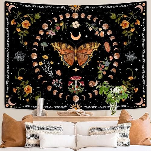 Aipon Orange Butterfly Moon Flower Tapestry Botanical Floral Plant Boho Tapestry for Bedroom Aesthetic Vintage Tapestries Wall Hanging for Living Room Dorm (36.00" x 48.00", Orange) thumbnail 5