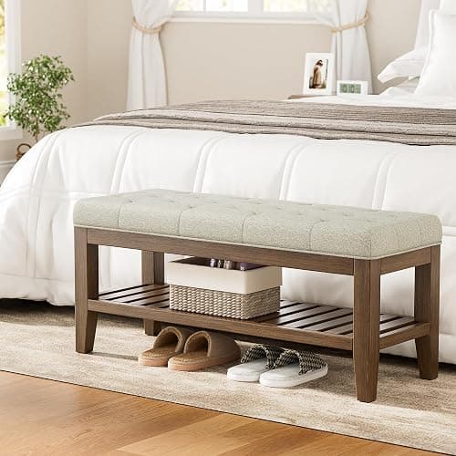 YaFiti End of Bed Storage Bench, 42.9" Entryway Shoe Bench with Solid Wood Shelf, Upholstered Ottoman with Padded Seat for Bedroom, Hallway and Living Room, Beige thumbnail 5