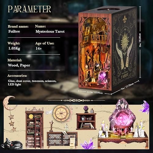 DIY Book Nook Kit, 3D Wooden Puzzle Booknook, Bookshelf Miniature House Kit Dollhouse, Tarot Divination Test, with LED Light, Dust Cover, Gift for Adults Teens (Mysterious Tarot) - Mysterious Tarot thumbnail 2