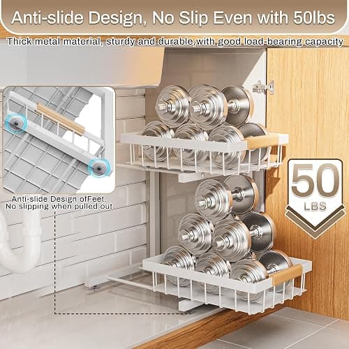 ADBIU Under Sink Organizer 2 Pack, Adjustable Height (11"-15.75") Under Cabinet Storage, 2 Tier Pull Out Sliding Drawers for Kitchen Bathroom, Heavy Duty Metal Shelf, White thumbnail 6