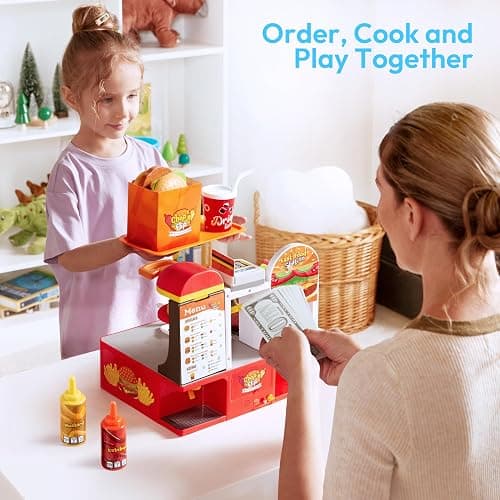 Play Kitchen Toddler Toy - 40+ PCS Fast Food Station with Potato Cutter, Simulated Frying Effect & Lights, Order & Drink Station - Pretend Play Food Toy Birthday Gift for Boys Girls thumbnail 8