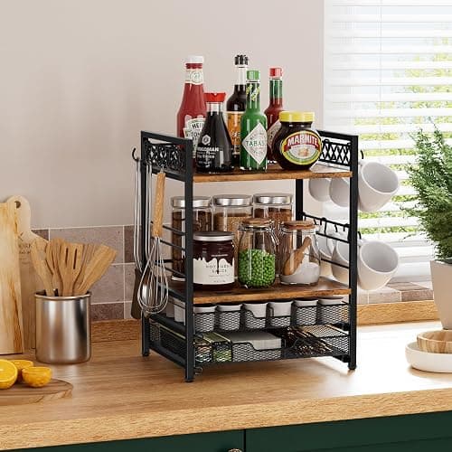 Plaviya Coffee Bar Organizer Coffee Station K Cup Holder for Countertop | 30 Coffee Pods Organizer, Mug Holder with 12 Hooks, 2 Drawers, Multifunctional, Kitchen, Dining Room, Office, Rustic Brown thumbnail 2