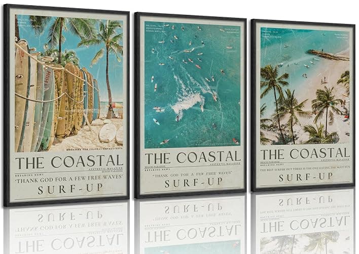 Beach Surfing Canvas Wall Art Retro Newspaper Beaches Surfboard Painting Picture Wall Decor Summer Coastal Granddaughter Room Preppy Surf Up Poster Print Artwork for Dorm Bedroom Apartment Home Decor - Image 1