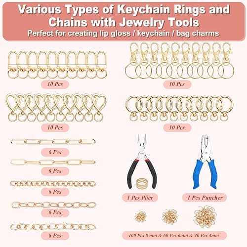 485 Pcs Charms Lip Gloss Keychain Making Kit, DIY Bag Charm Kit Including 40 Key Chain Hooks 30 Extender Chains 212 Gold Charms & Letter 200 Jump Rings 1 Plier and 1 Puncher for Craft Supplies thumbnail 3