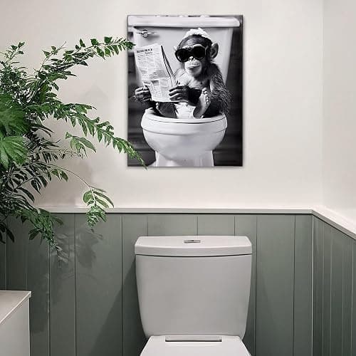 Deveosa Funny Bathroom Wall Art - Chimpanzee On Toilet Unique Cool Black And White Artwork For Restroom Paintings Animal Canvas Sings Decor Pictures Decorations 12x16inch thumbnail 6